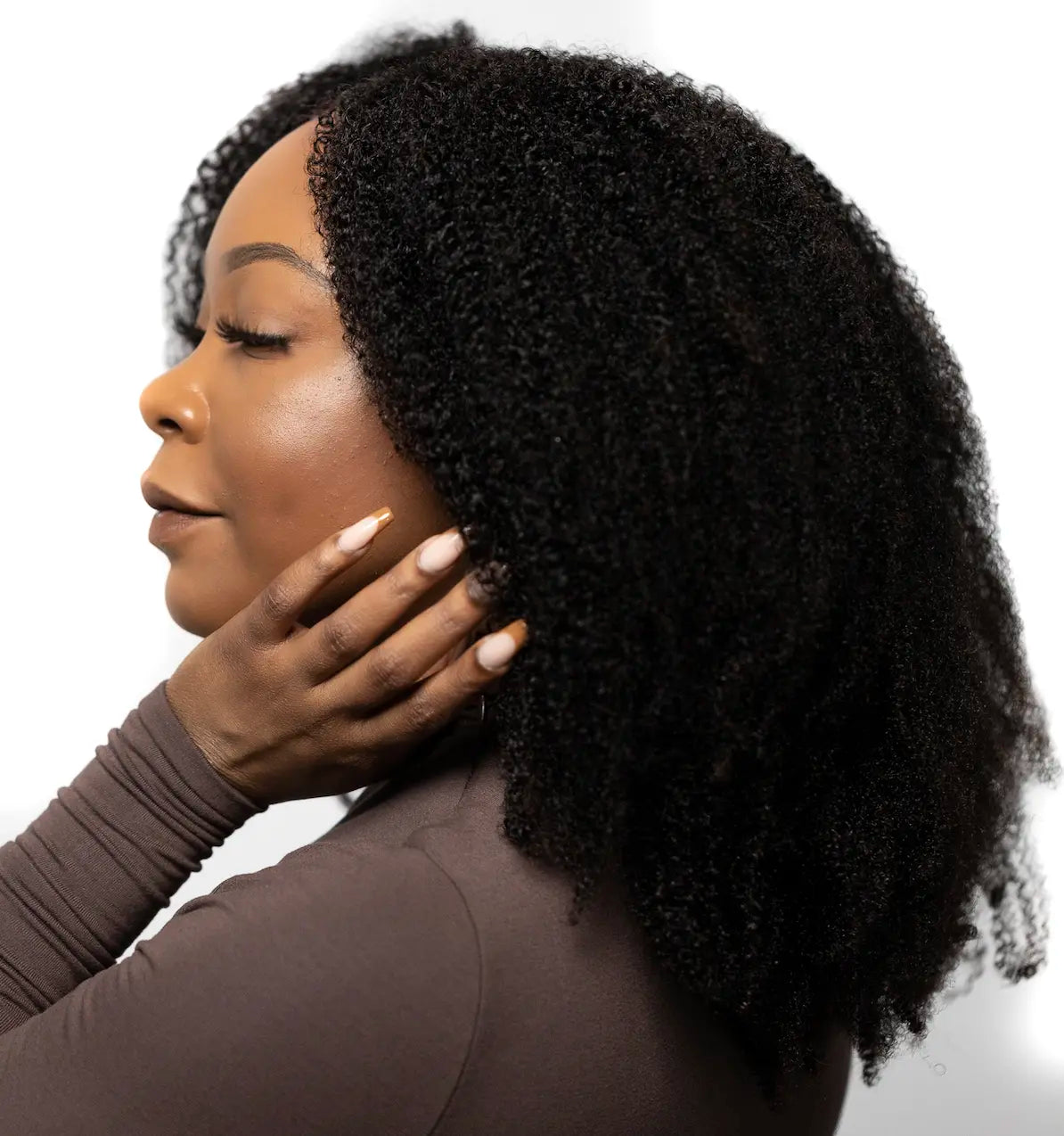 Afro U-part wig on model two