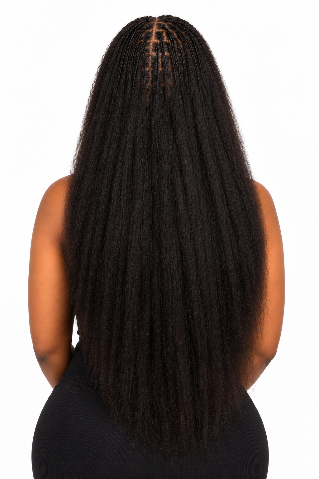 Kinky Straight crochet hairstyle rear view with fine braids at the crown