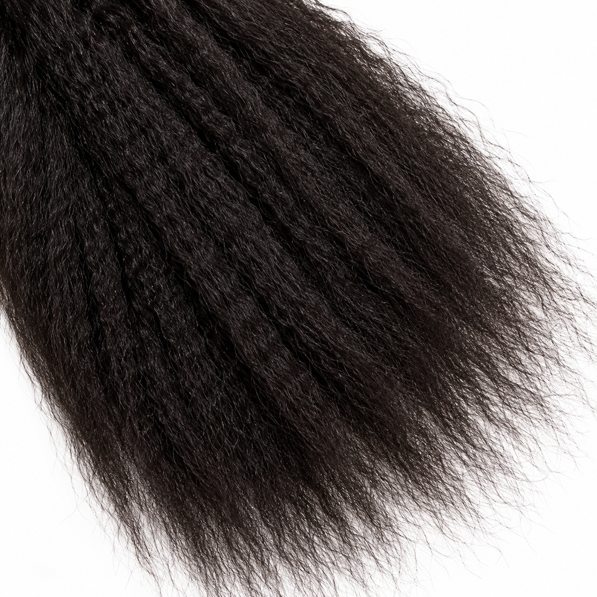 Close-up of black Kinky Straight hair texture on a white background