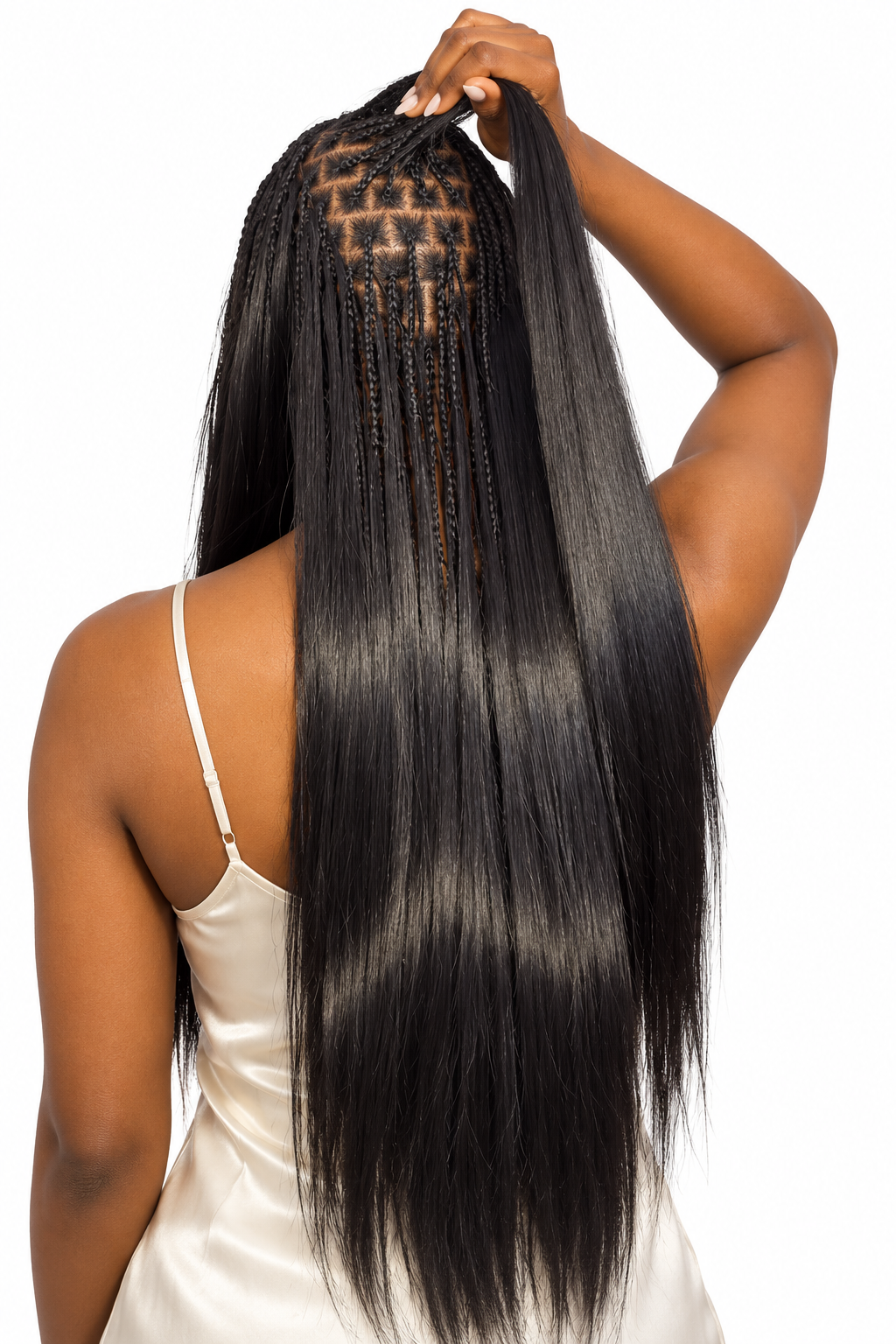 Rear view of straight boho braids with hair lifted to show small braided sections