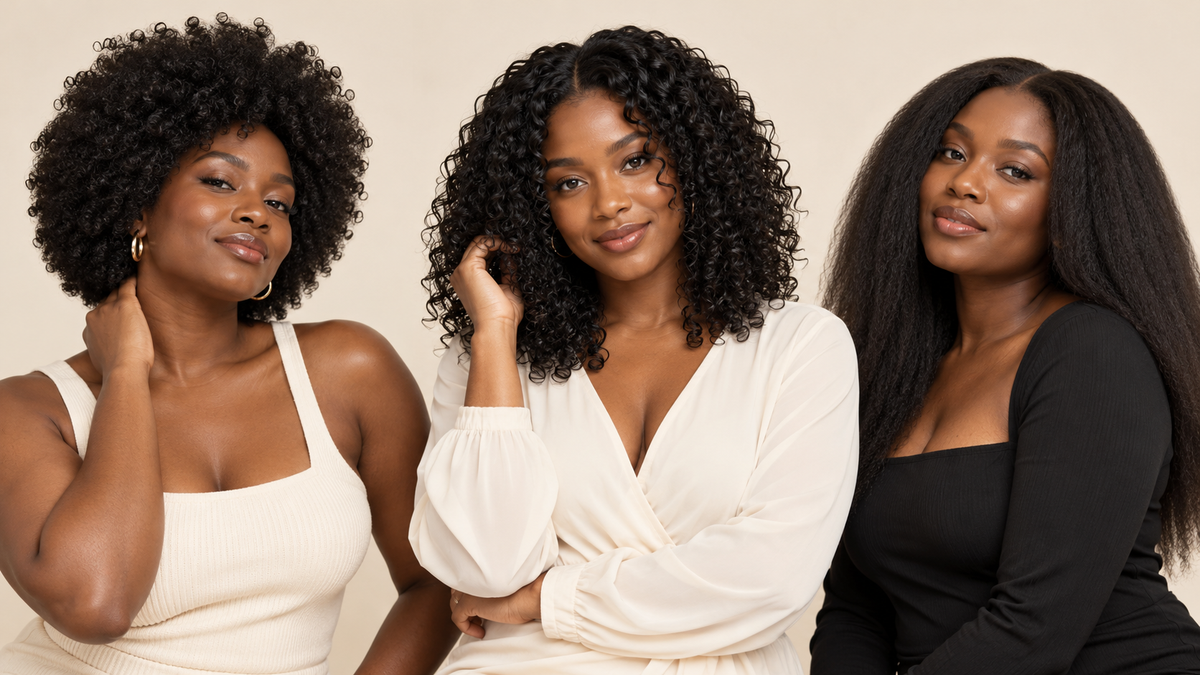 Hairstyle inspiration showing coily, curly and kinky straight finishes on three Black women