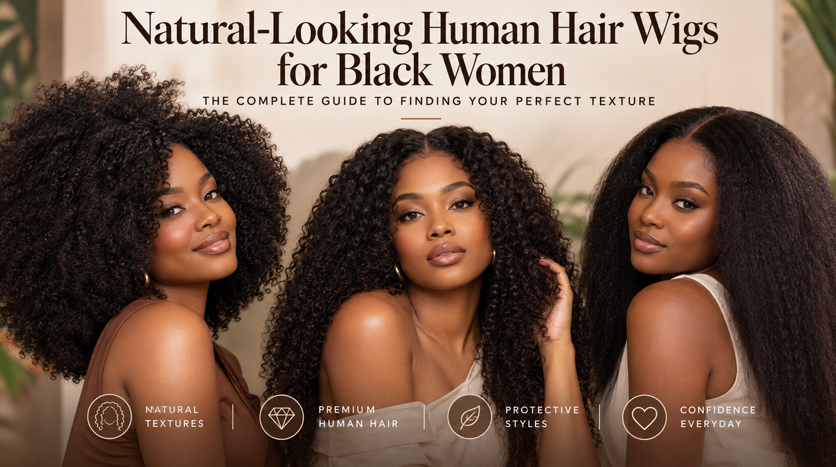 Three Black women showcasing natural-looking textured human hair wigs, including Afro Kinky Coily, natural afro and curly hairstyles.