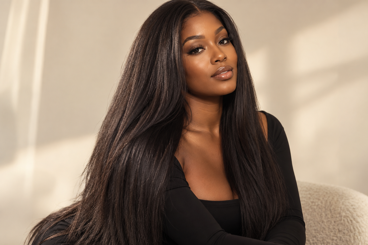Luxury editorial portrait showing long full textured-straight Yaki hairstyle