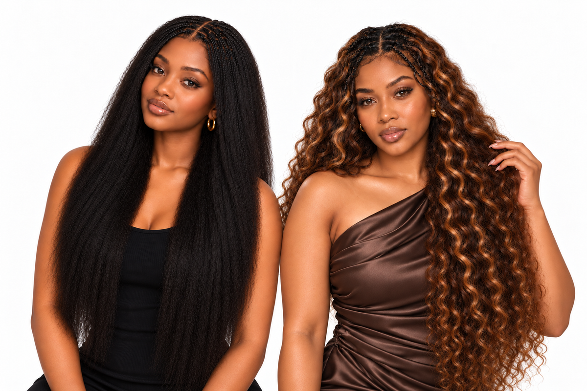 Two models wearing black Kinky Straight and highlighted Water Wave Miracle Knots crochet hairstyles