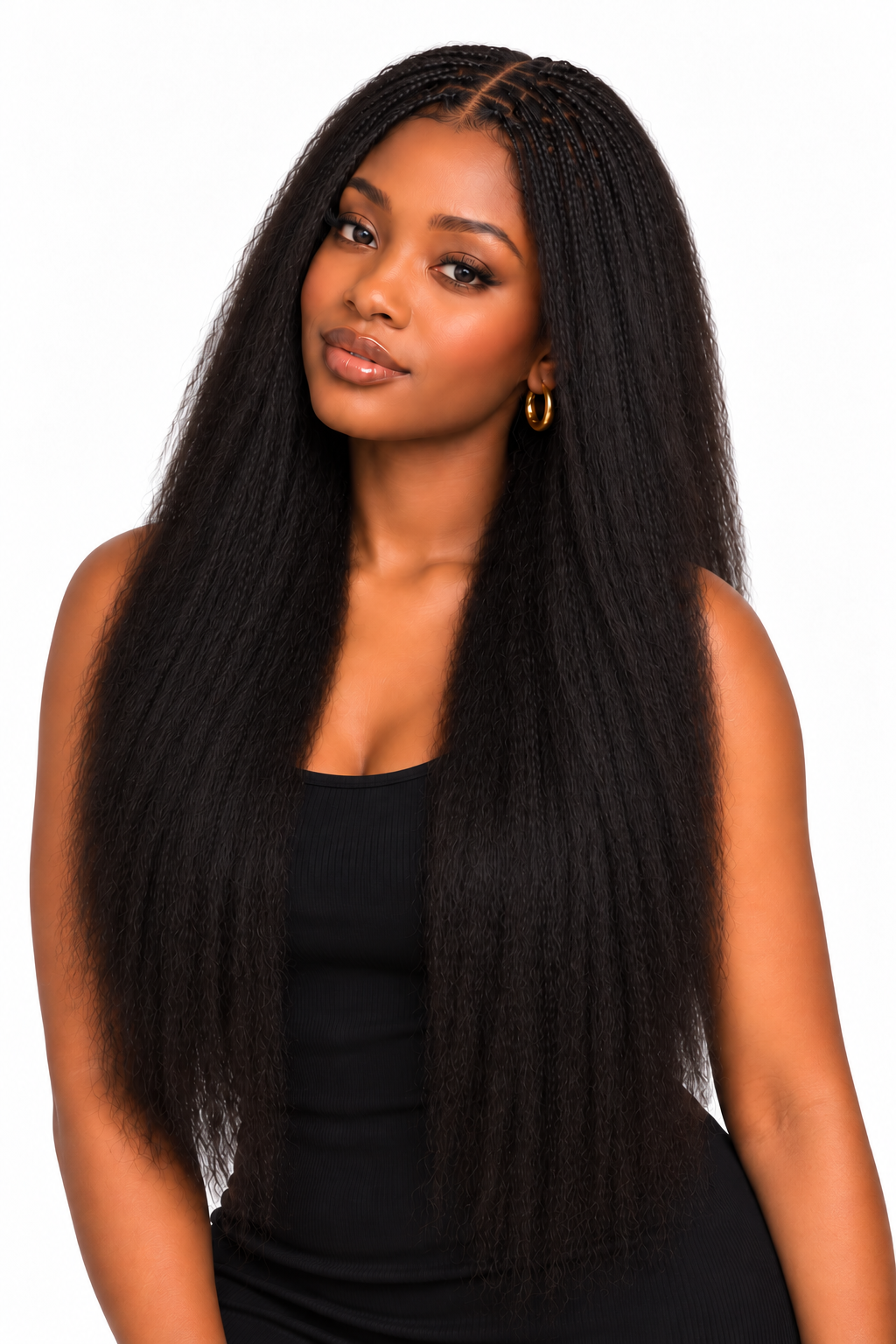 Kinky Straight crochet hairstyle with fine crown braids and loose textured lengths