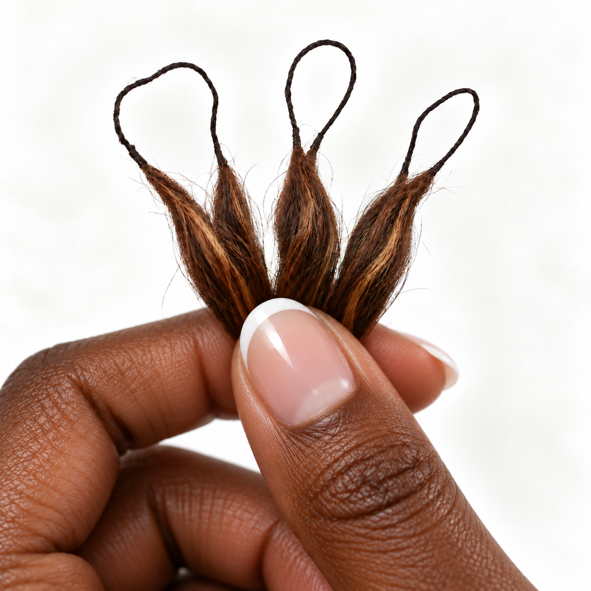 P4/27/30 crochet hair attachment detail held between a thumb and finger