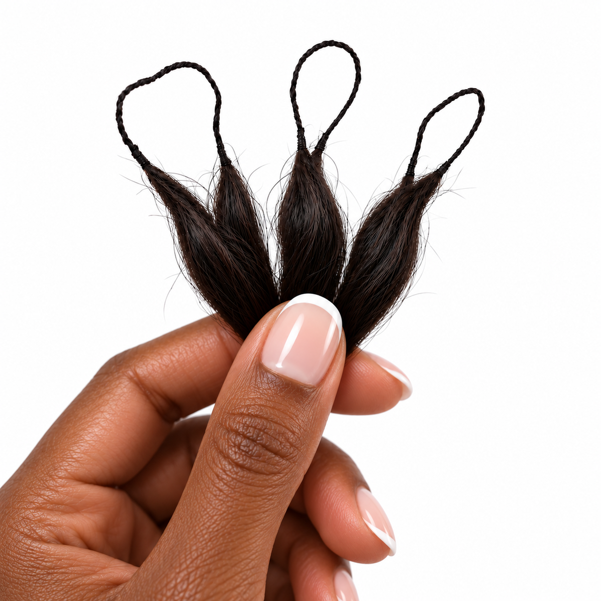 Fine crochet attachment strings held between fingers, showing the two joined hair sections